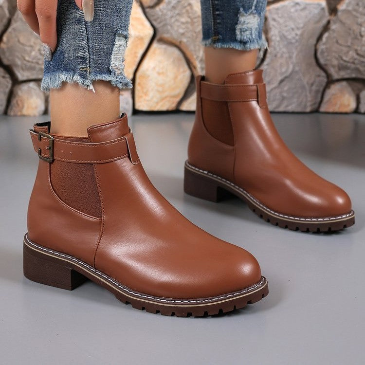 Belt Buckle Decoration Round Head Ankle Boots