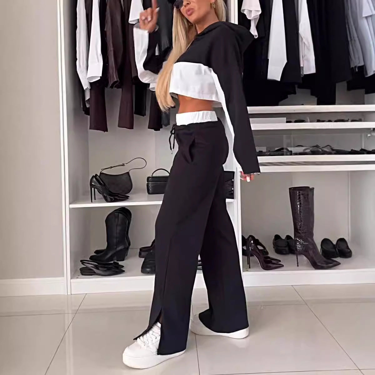 Colorblock Hood Contrast Color Sweatshirt Lace-up Trousers Suit