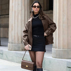 Women's Elegant Suit Collar Loose Leather Coat