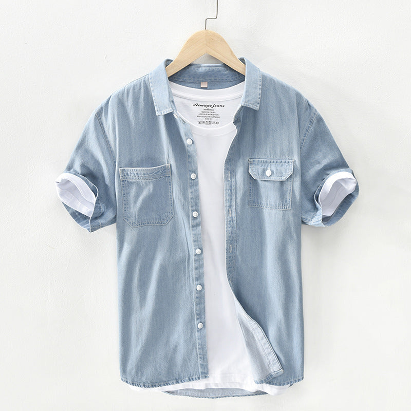 Denim Shirt Men's Short-sleeved Pure Cotton Washed Japanese Retro Youth Short-sleeved