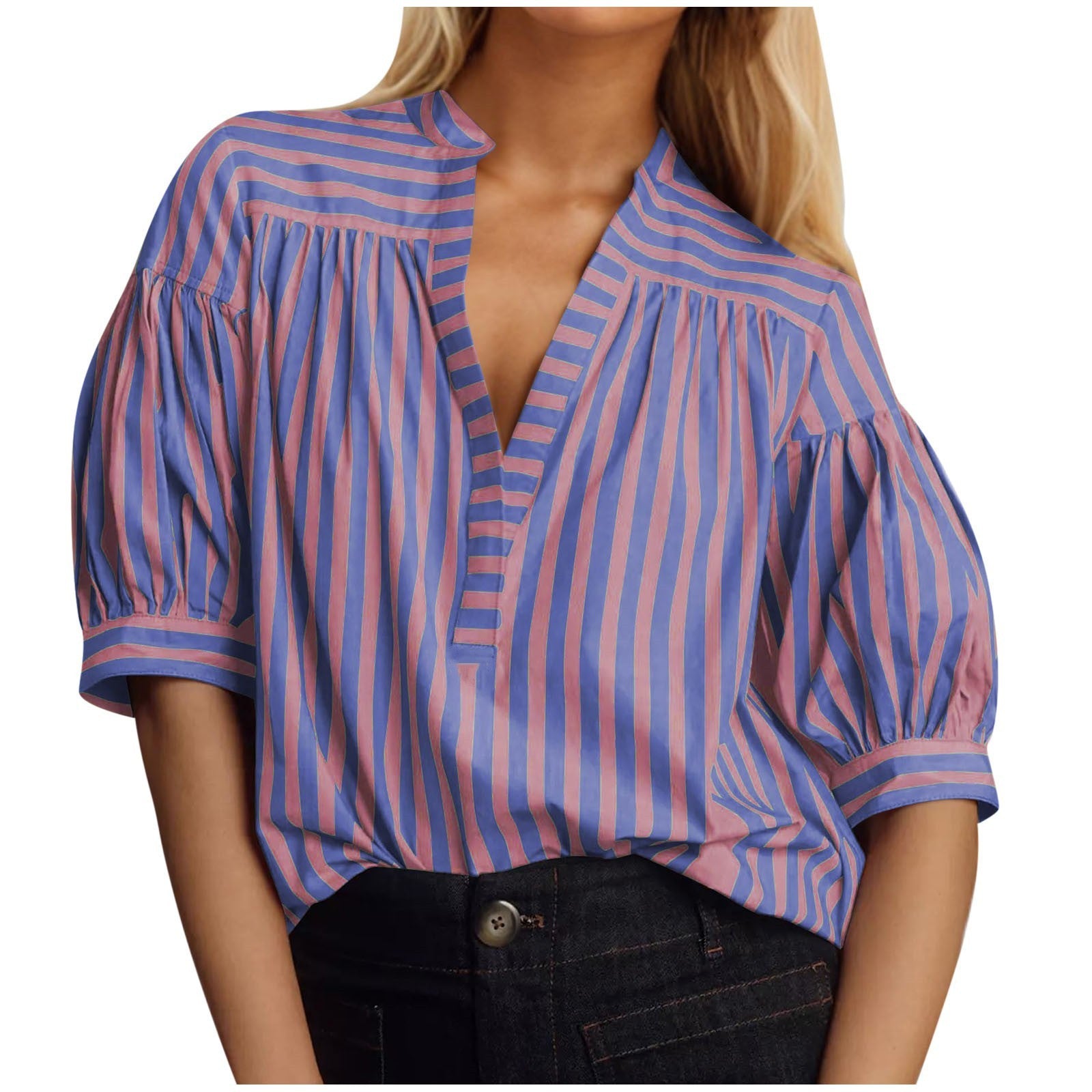 Fashionable All-match Loose Striped Shirt Short Sleeve