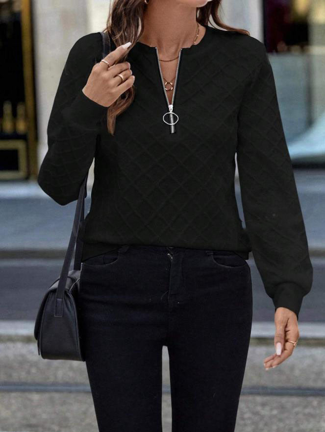 Urban Casual Top Simple Style Diamond Texture Zipper Sweatshirt