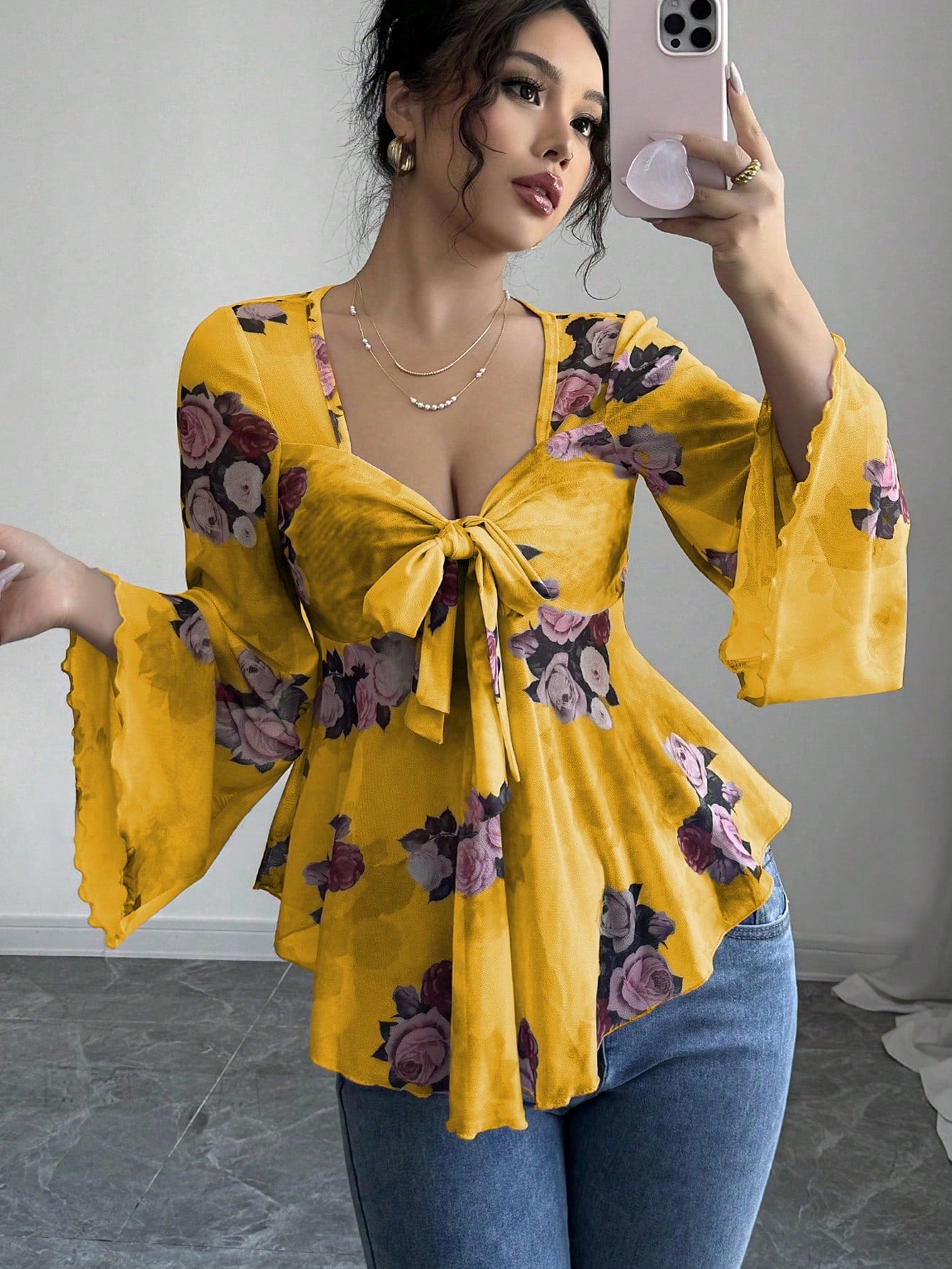 European And American Design Sense French Sweet Flower Blooming Lace-up Square Collar Long Sleeve Shirt