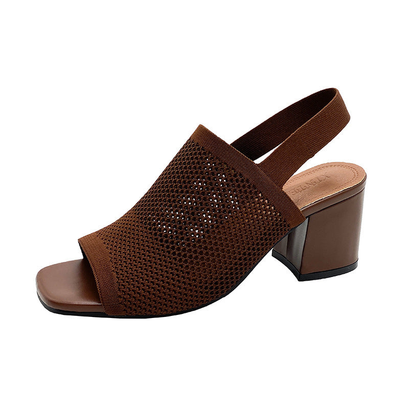 European And American Flying Woven High Heel Chunky Heel Sandals For Women