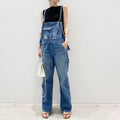 Fashion Casual Washed Classic Blue Suspender Loose Cargo Pants Denim Jumpsuit