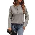 Button Round Neck Brushed Sunken Stripe Simple Casual All-match T-shirt