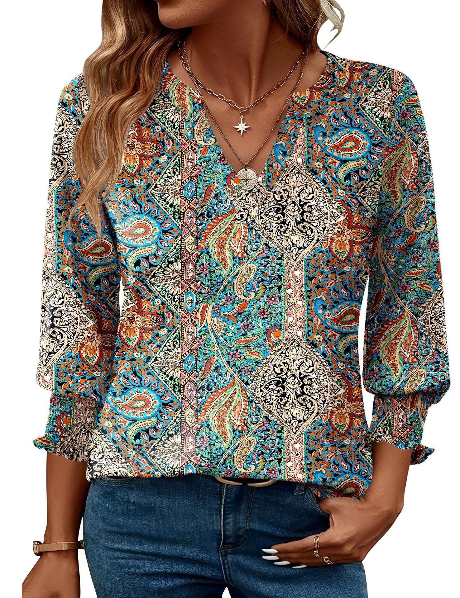 Fashion Tops Three-quarter Sleeve Flower Print Casual Shirt