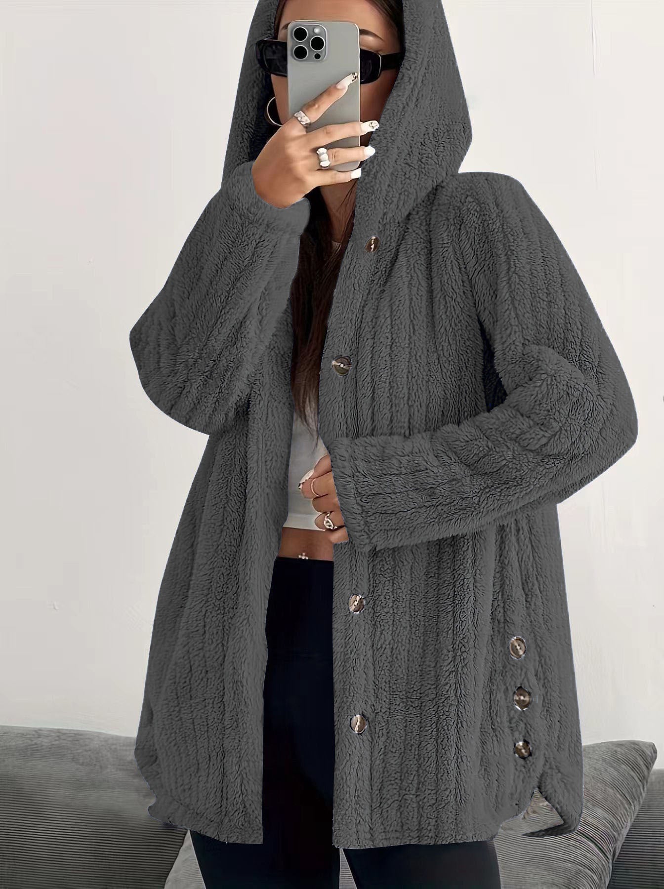 Women's Solid Color Long Sleeve Hooded Loose Plush Coat