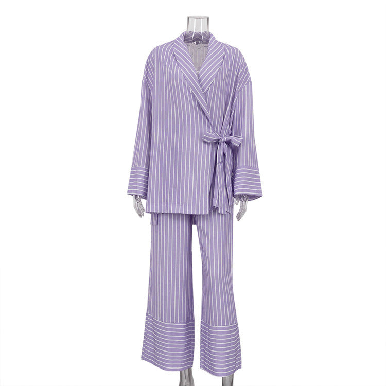 Casual Striped Cross Design Lace-up Long Sleeve Top Wide Leg Pants Two-piece Set