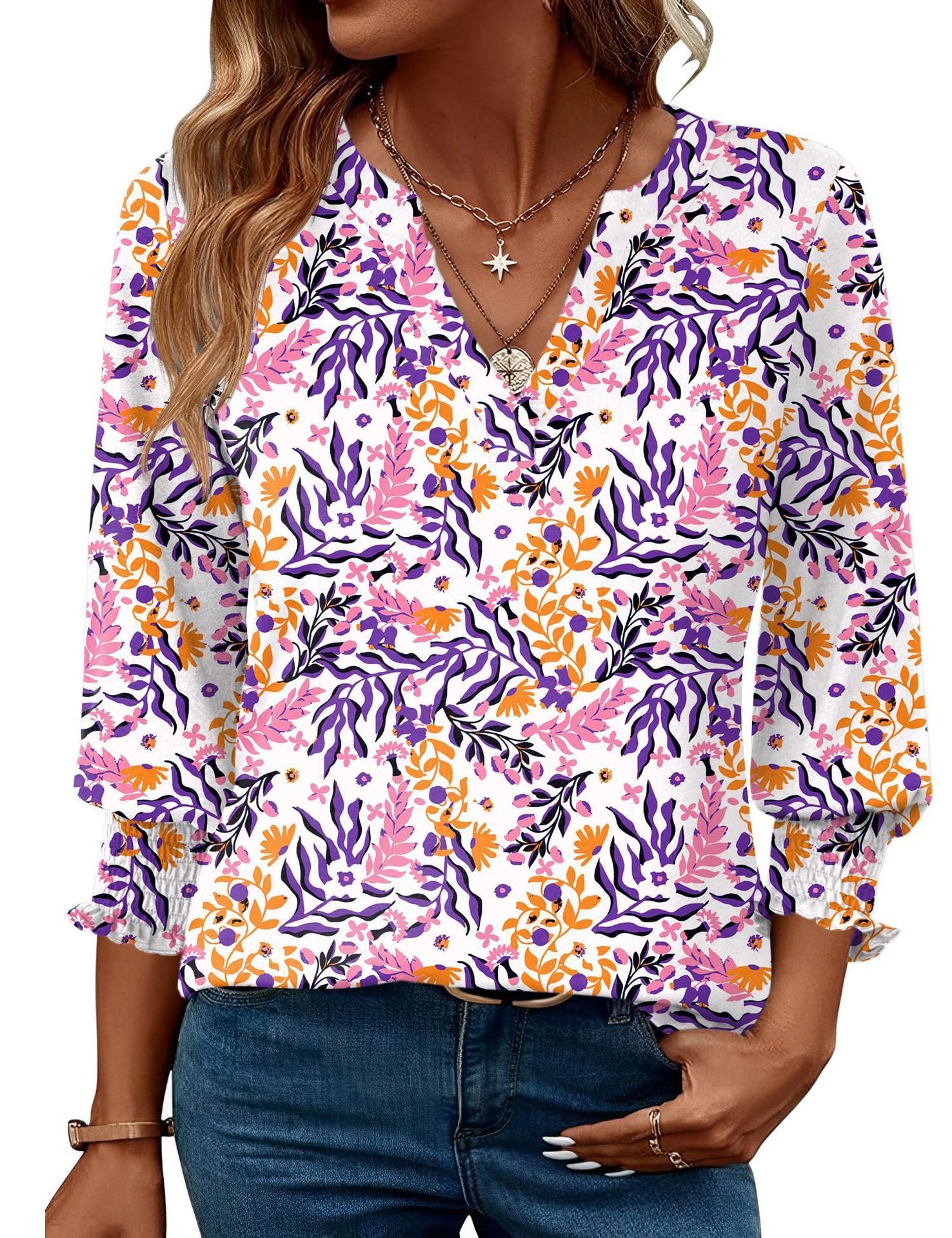 Fashion Tops Three-quarter Sleeve Flower Print Casual Shirt