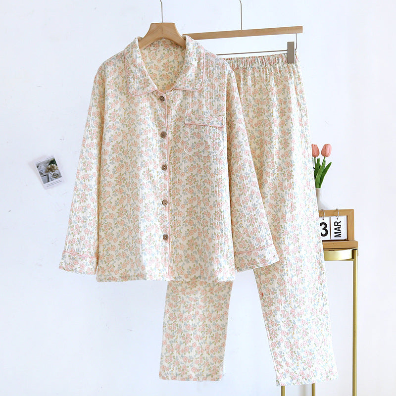 Floral Lapel Sweet Home Wear Pajamas Suit Cotton
